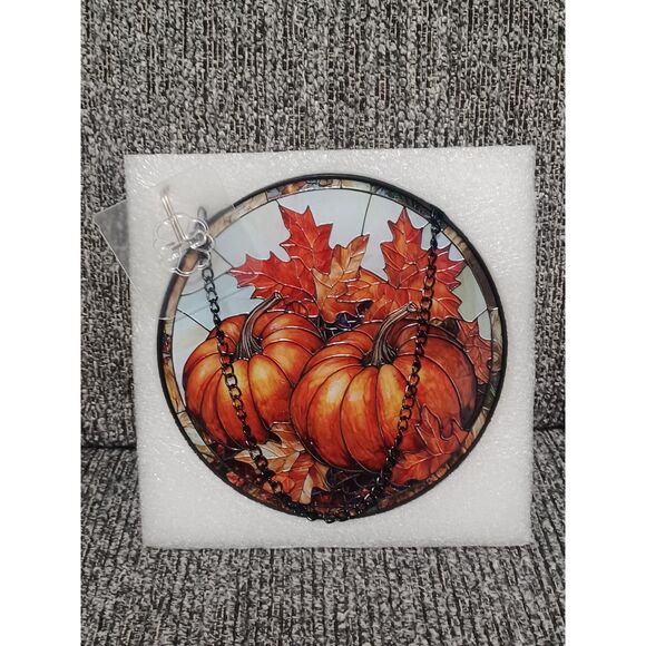 Source Unknown Other - Pumpkin & Maple Leaf Stained Glass Suncatcher
